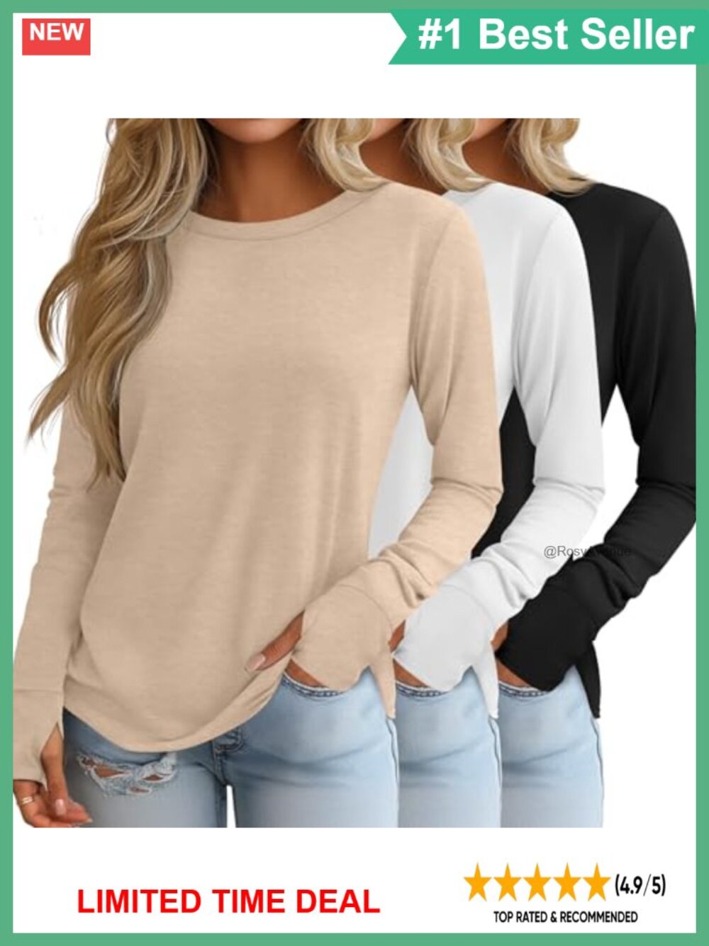 3 Pack Womens Long Sleeve Cotton Shirts with Thumb Holes